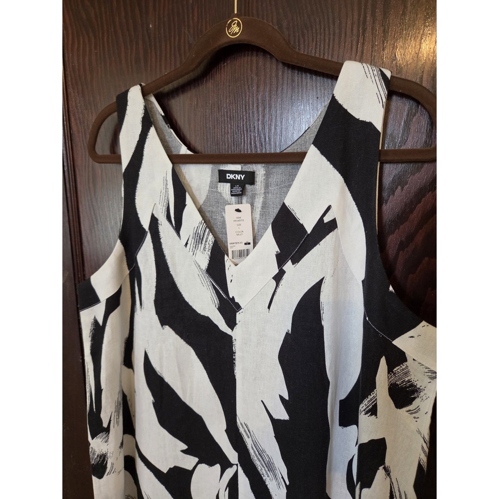 DKNY Dress Linen Blend Long Slits L Black White New With Tags Boho Beach Casual - Picture 3 of 12